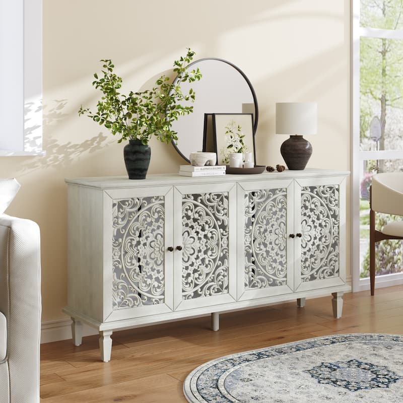 TV Stand Sideboard, Buffet Cabinet with Floral Carvings, Wood Storage Cabinet with Adjustable Shelves