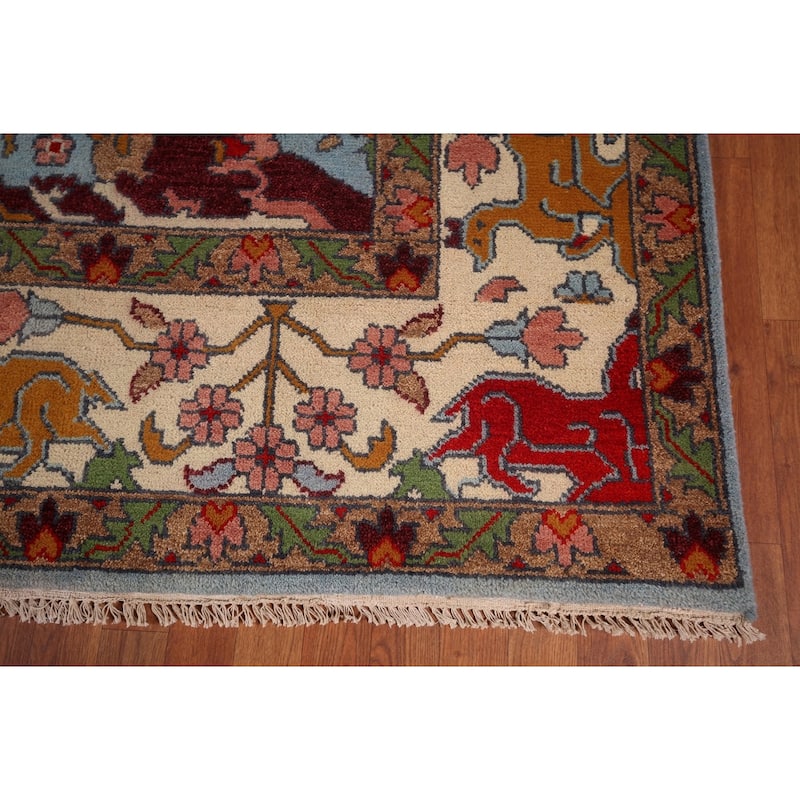 Hunting Animals Blue Ziegler Indian Area Rug Hand-Knotted Wool Carpet - 8'10"x 12'2"