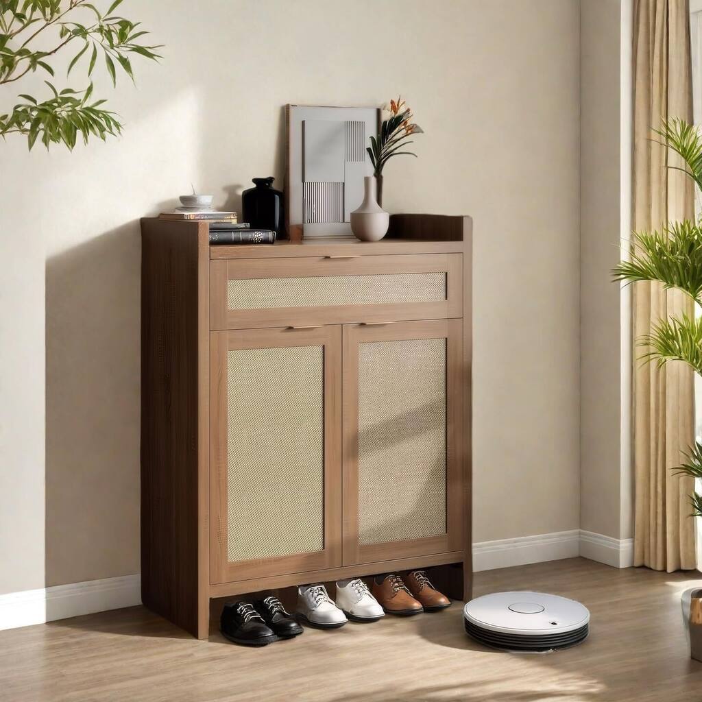 Farmhouse Rattan Shoe Cabinet with Storage for Entryway Living Room Closet Hallway