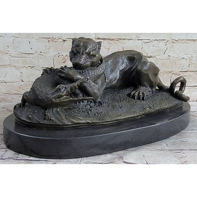 Panther Puma Mountain Imitative Lion Vs. Alligator Cayman Crocodile Bronze Sculpture Statue