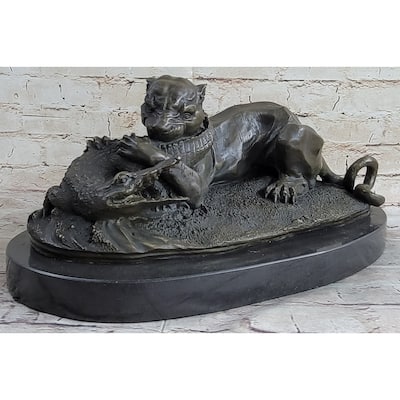Panther Puma Mountain Imitative Lion Vs. Alligator Cayman Crocodile Bronze Sculpture Statue