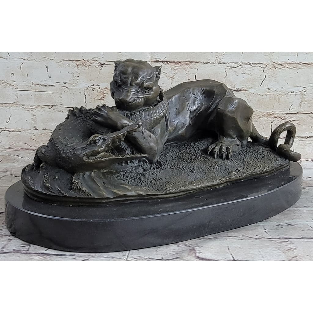 Panther Puma Mountain Lion Vs. Alligator Cayman Crocodile Bronze Sculpture Statue
