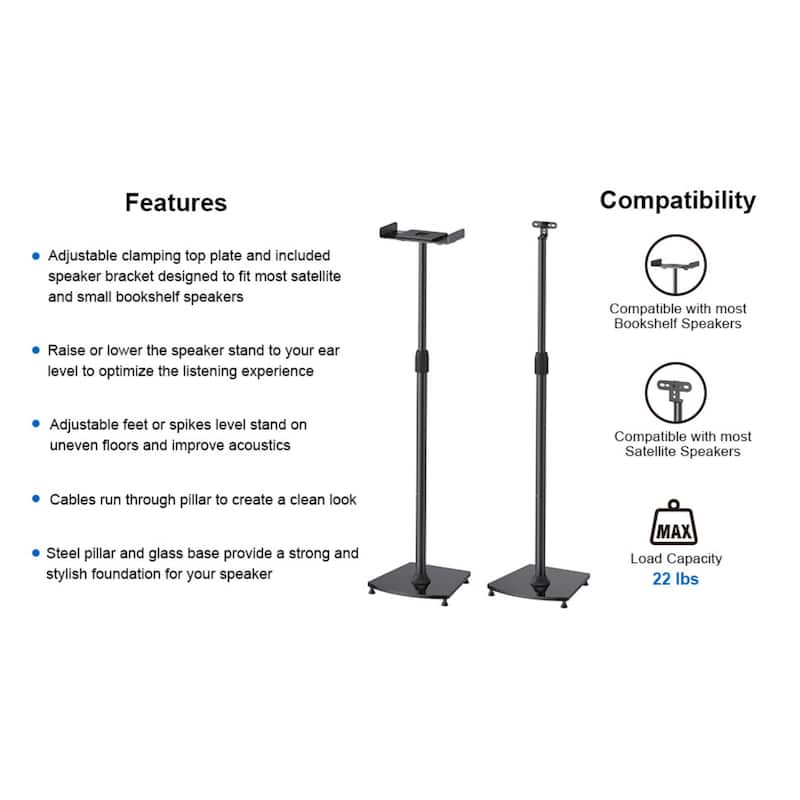 ErgoAV 1-Pair Adjustable Height Bookshelf Speaker Stands