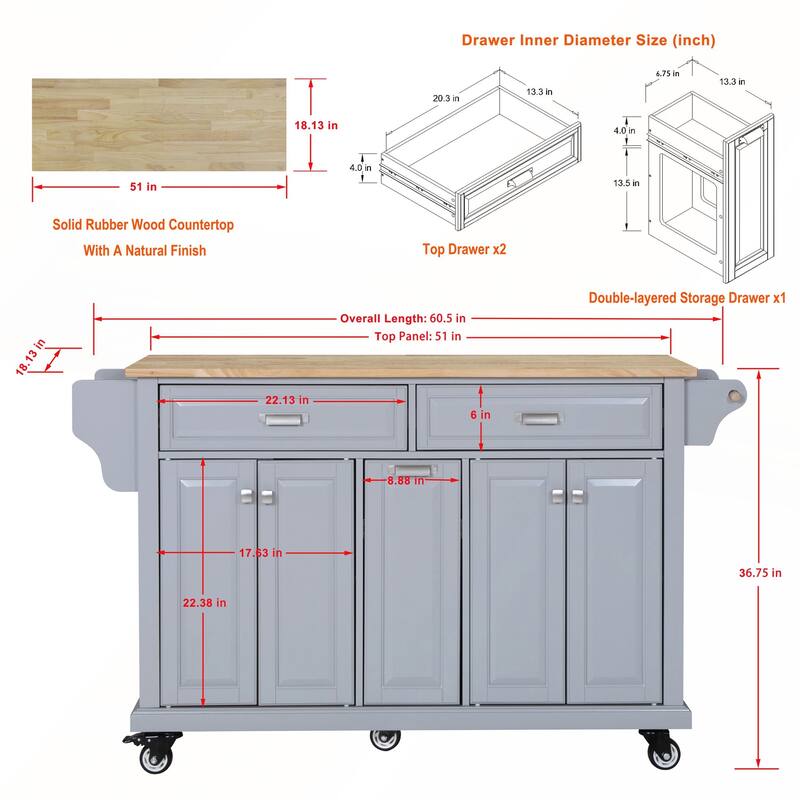 Kitchen Island with Rubber wood Countertop