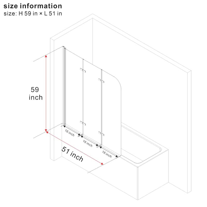 51" W x 59"H Three Plates Folding Tub Door Bathtub Screen with Clear Glass