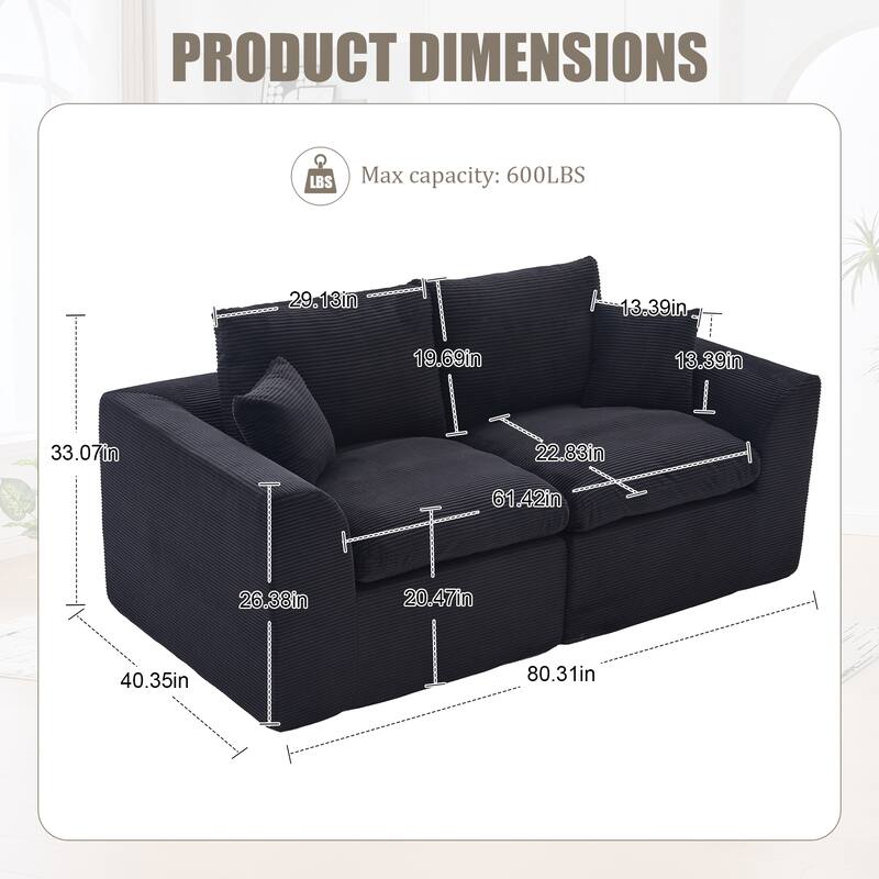 HOMEFUN Corduroy Upholstered Modular 2 Seater Cushion Covers Removable Loveseats Sofa for Living Room Bedroom
