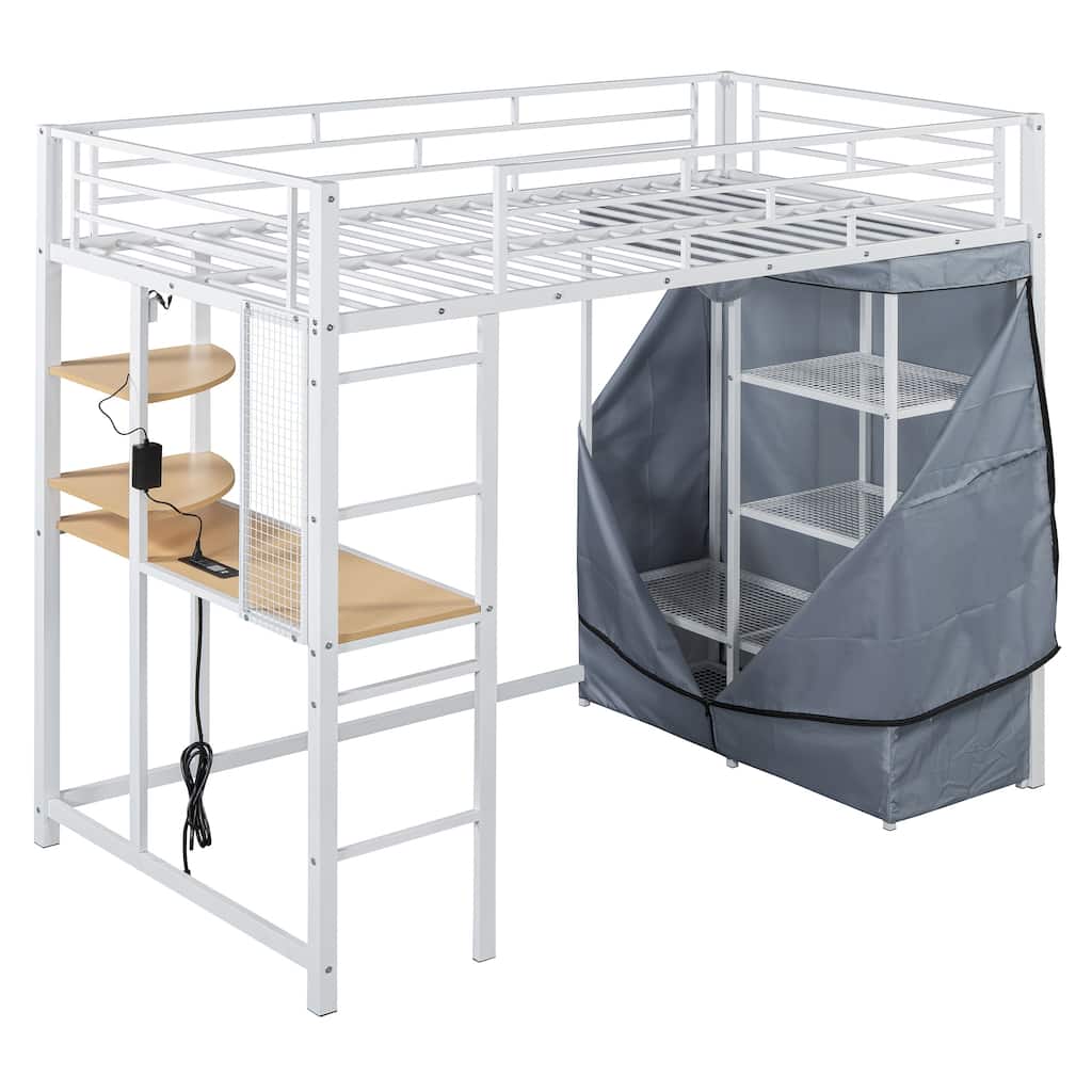 Metal Loft Bed with Desk,Shelves,Power Outlet,LED,Wardrobe