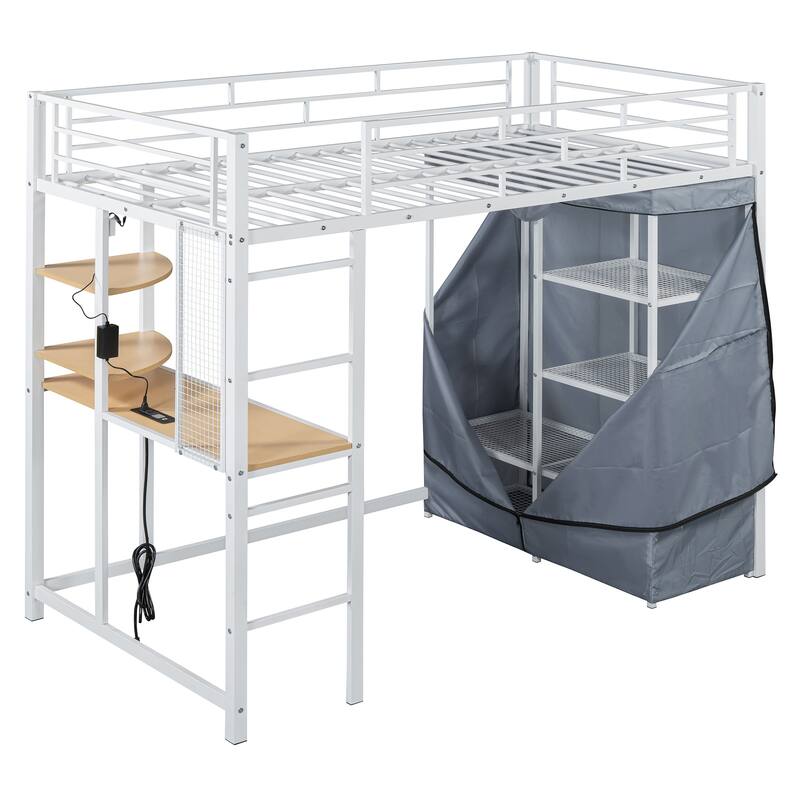 Modern Loft Bed with Desk & Wardrobe, Metal Loft Bed Frame with Shelves, USB Power Outlet, LED Light, for Kids Teens Adults