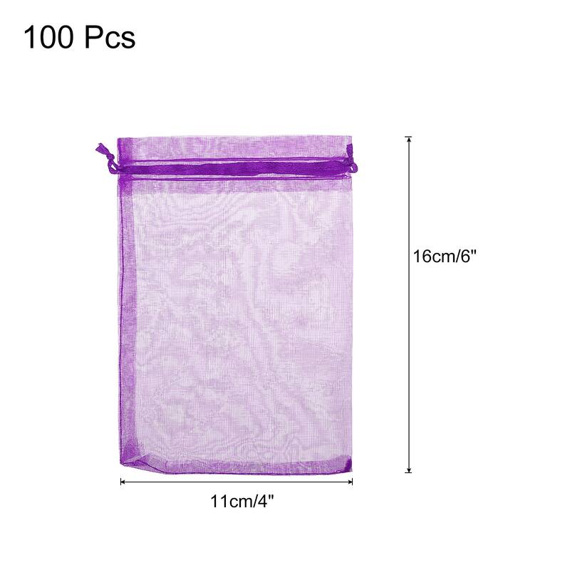 100pcs Organza Bags Drawstring Favor Pouches Sheer Mesh Bag for Party - Purple - 4 inch x 6 inch