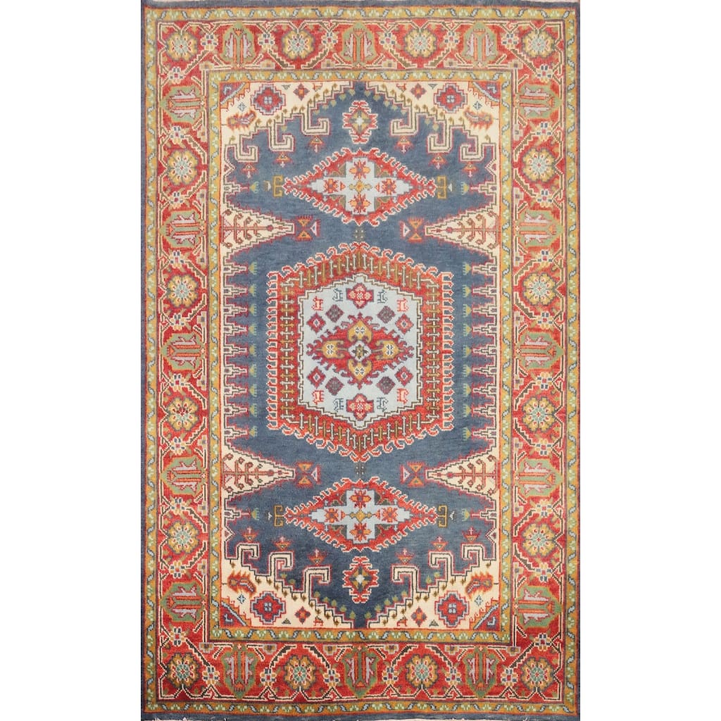 Hand Knotted Oriental 100% Wool Carpet Traditional Geometric Navy Blue & Blues Viss Area Rug - 8' 11'' X 5' 11''