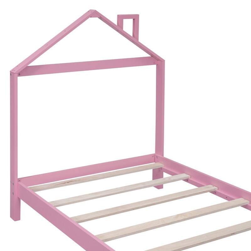 Full Size Wood Platform Bed with House-shaped Headboard and Footboard Bench