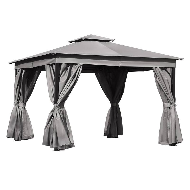10x12 Outdoor Gazebo Tent with Double Roofs, Patio Gazebo with Mosquito Netting and Privacy Screens