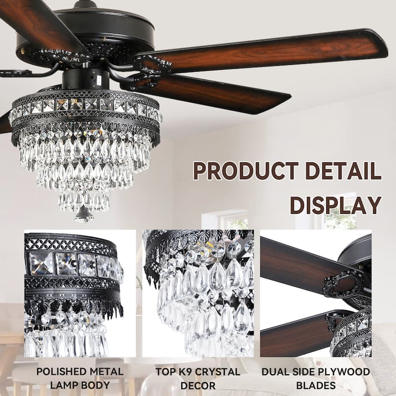 52" or 62" Crystal Ceiling Fan with Lights, Chandelier Ceiling Fans Lights with 6-Speed, APP Control, Dimmable, Timer