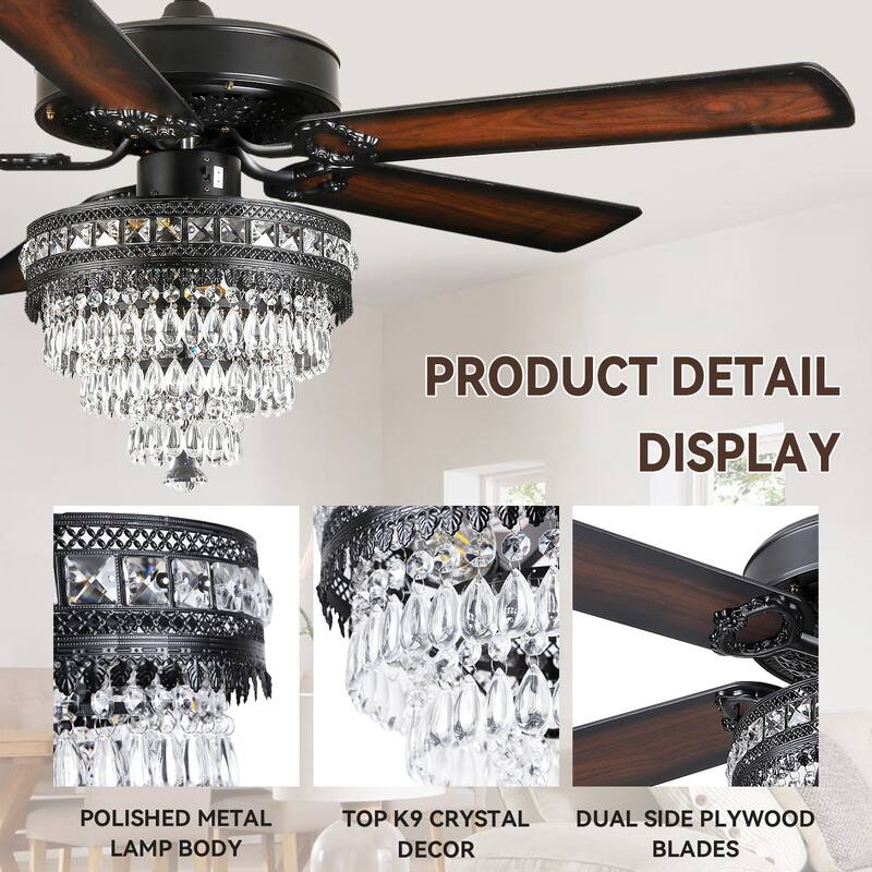 52 Inches Crystal Ceiling Fan Light,Chandelier,APP and Remote Control,5 Dual Side Plywood Blades,Reversible AC Motor - 52 Inches