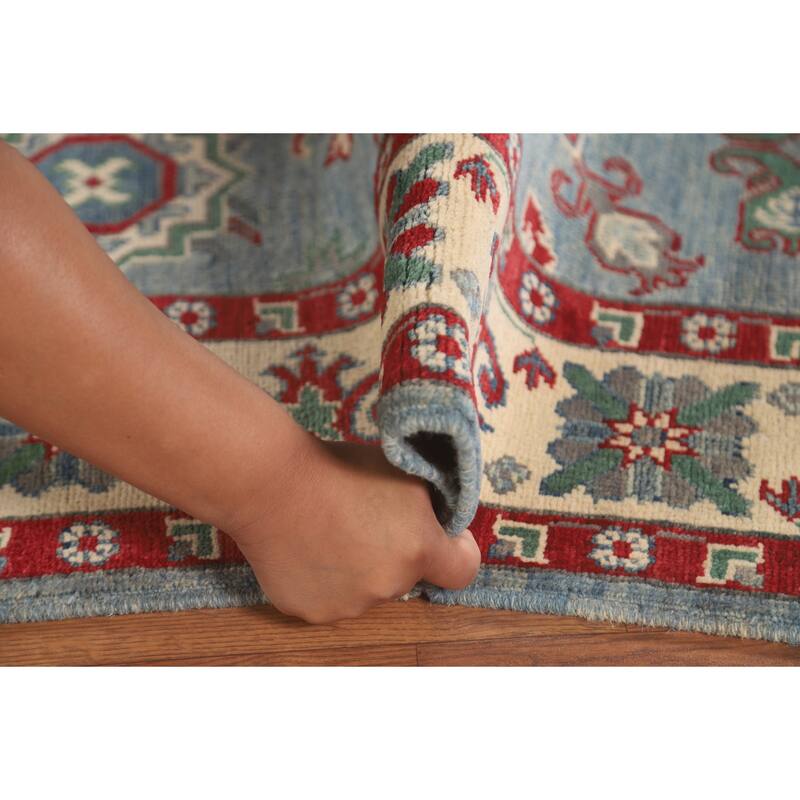 Blue Geometric Kazak Area Rug Hand-Knotted Wool Carpet - 4'11" x 6'4"