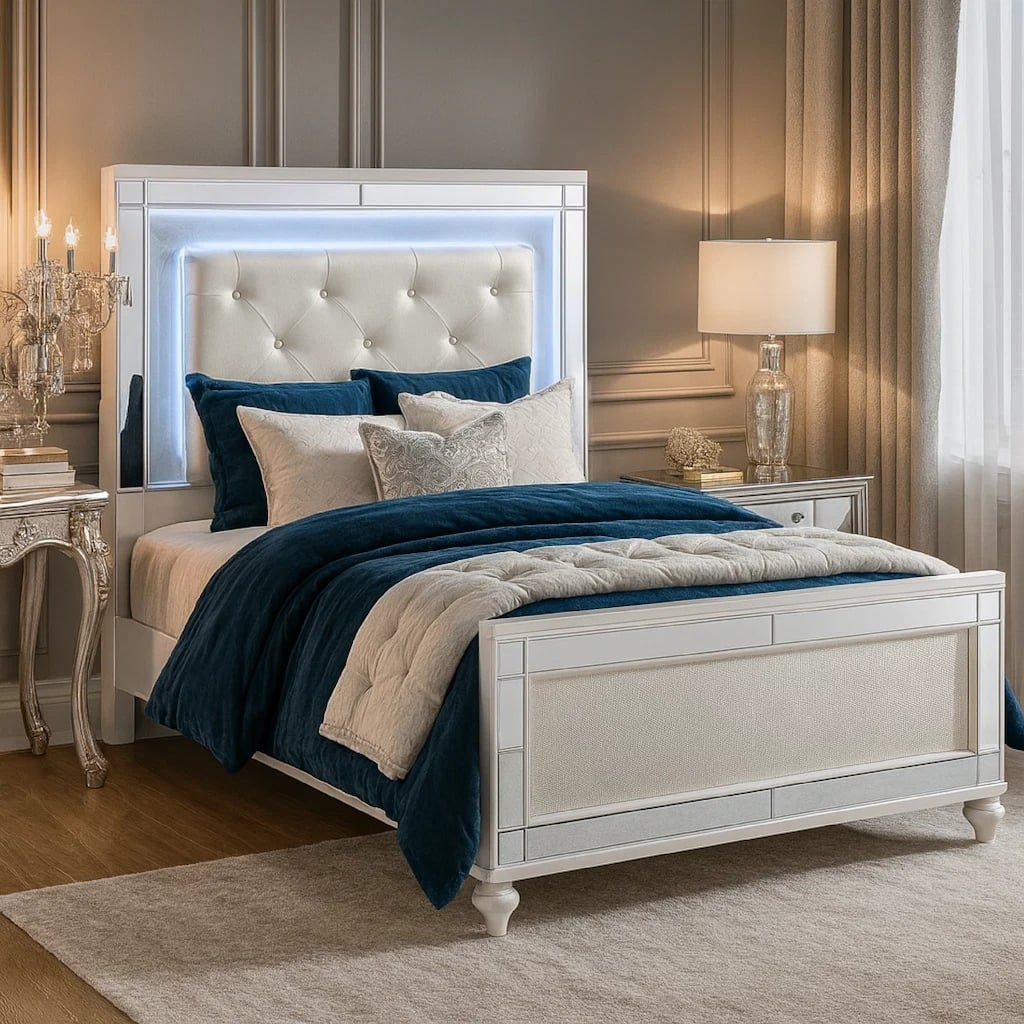 Quinn Modern Queen Size Bed, Back Lit LED Headboard, Crisp White Finish