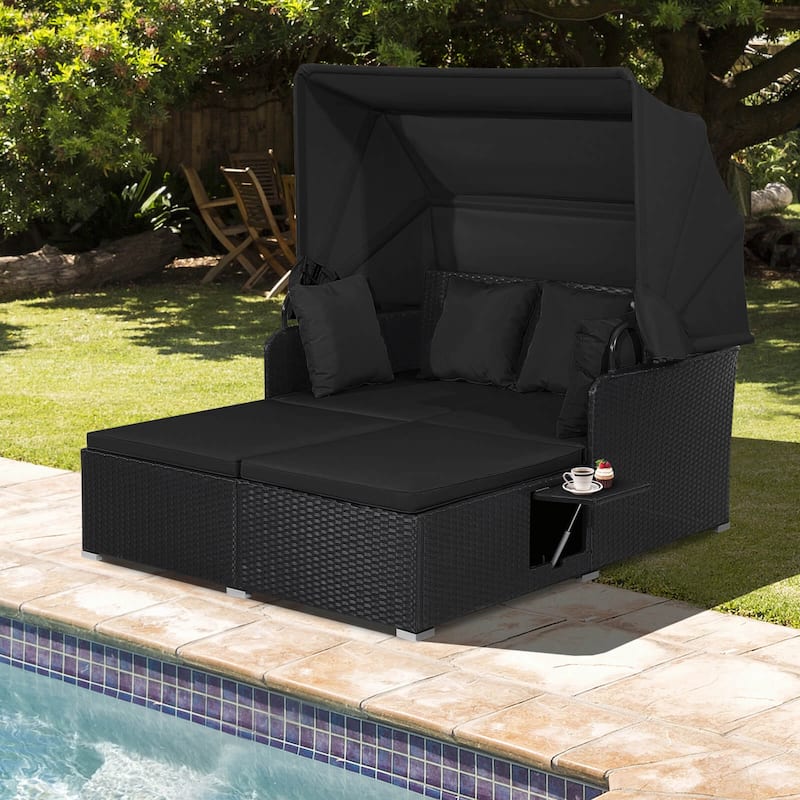 Costway Patio Rattan Daybed Lounge Retractable Top Canopy Side Tables - See Details
