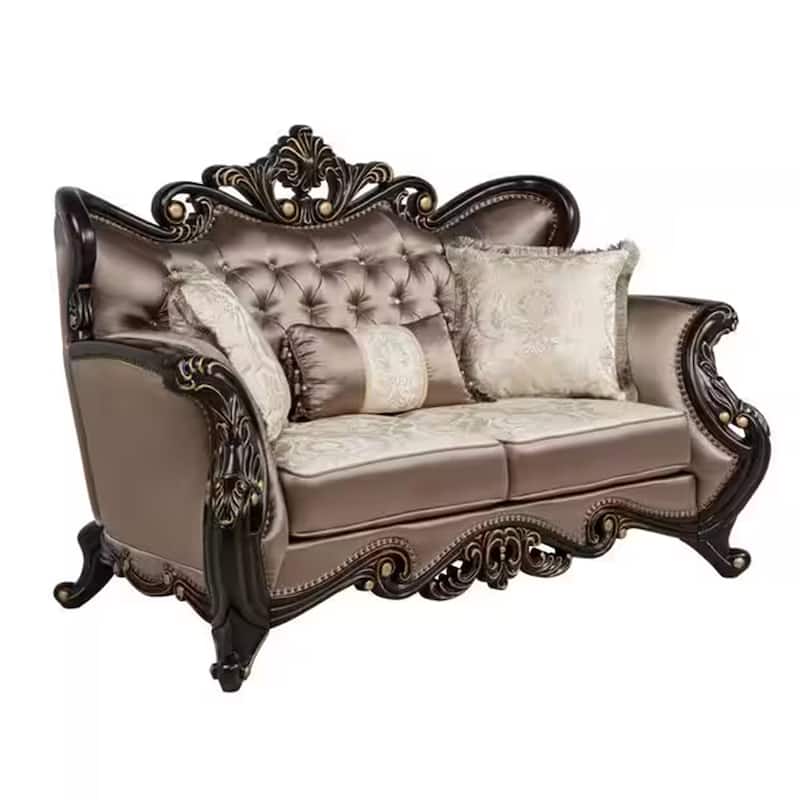 Aboi Loveseat w Pillows, Brown Velvet, Ornate Carved Dark Cherry Wood, 70 Inch