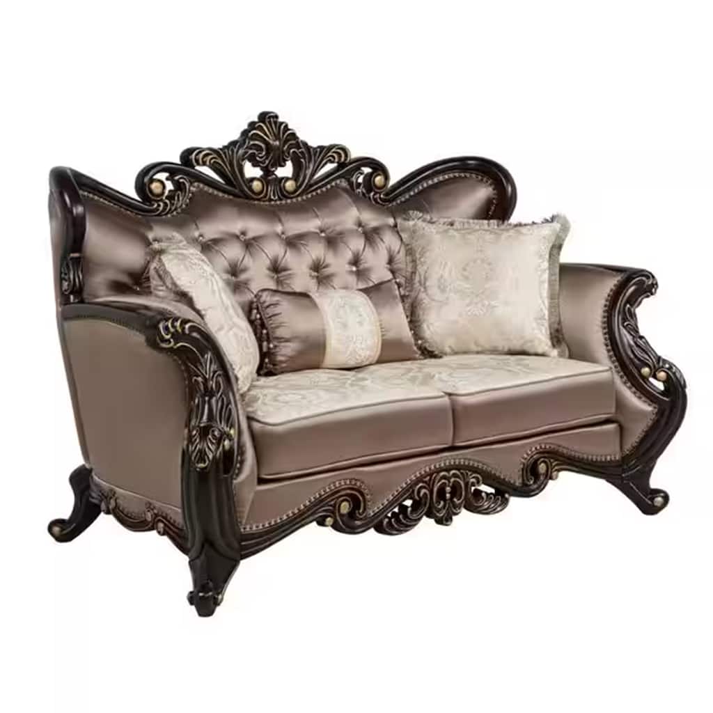 Aboi Loveseat w Pillows, Brown Velvet, Ornate Carved Dark Cherry Wood, 70 Inch