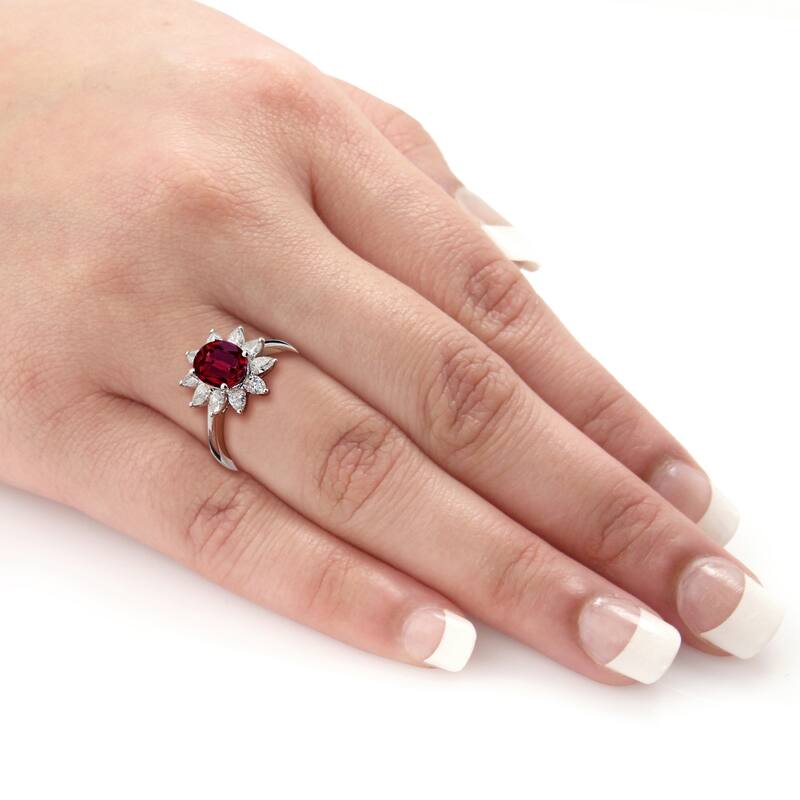 Auriya 2ct Oval-cut Red Ruby Sunburst Halo Diamond Engagement Ring 3/4ctw 18K Gold