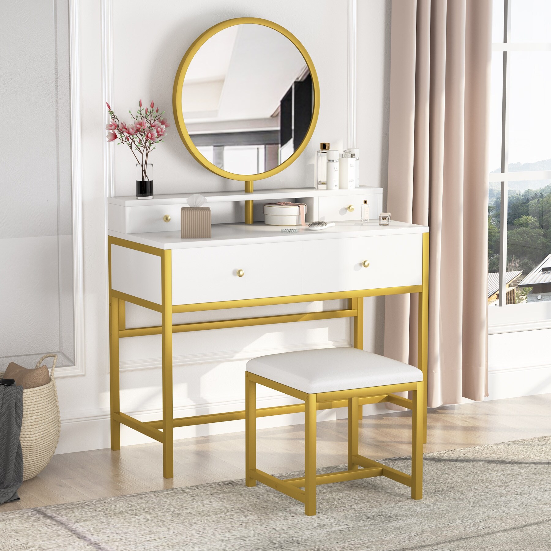 Gold Makeup Vanity Table and Stool Set