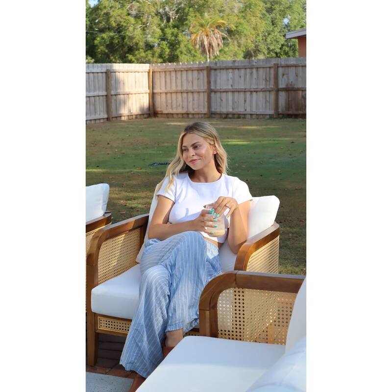 Twila Bohemian Outdoor Upholstered Rattan Patio Seating with Solid Wood Frame