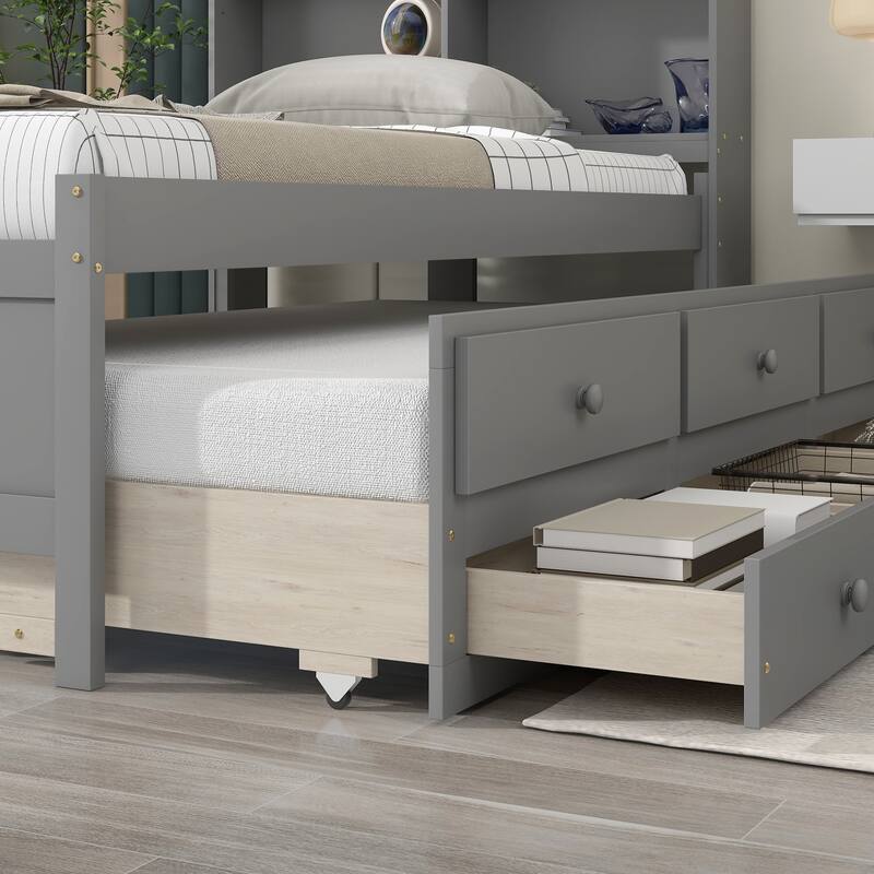 Twin Size Platform Bed Wood Frame Bed with Storage Headboard and Twin Trundle Bed, 2 Storage Drawers Design for Kids Teens