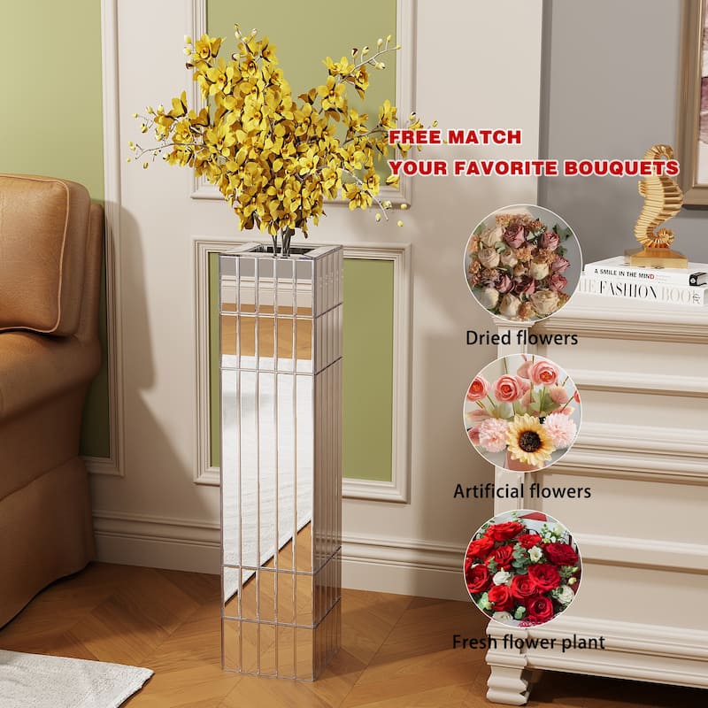 Tall Floor Vase 29.92" (76cm) Mirrored Floor Vase for Home Decor Large Cube Vase in Silver for Dried Flowers Modern Glass Vase