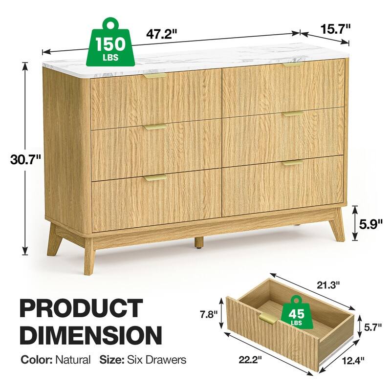 47" Wooden Buffet Cabinet With Faux Marble Top & Fluted Chest Of Drawers With Curved Edges