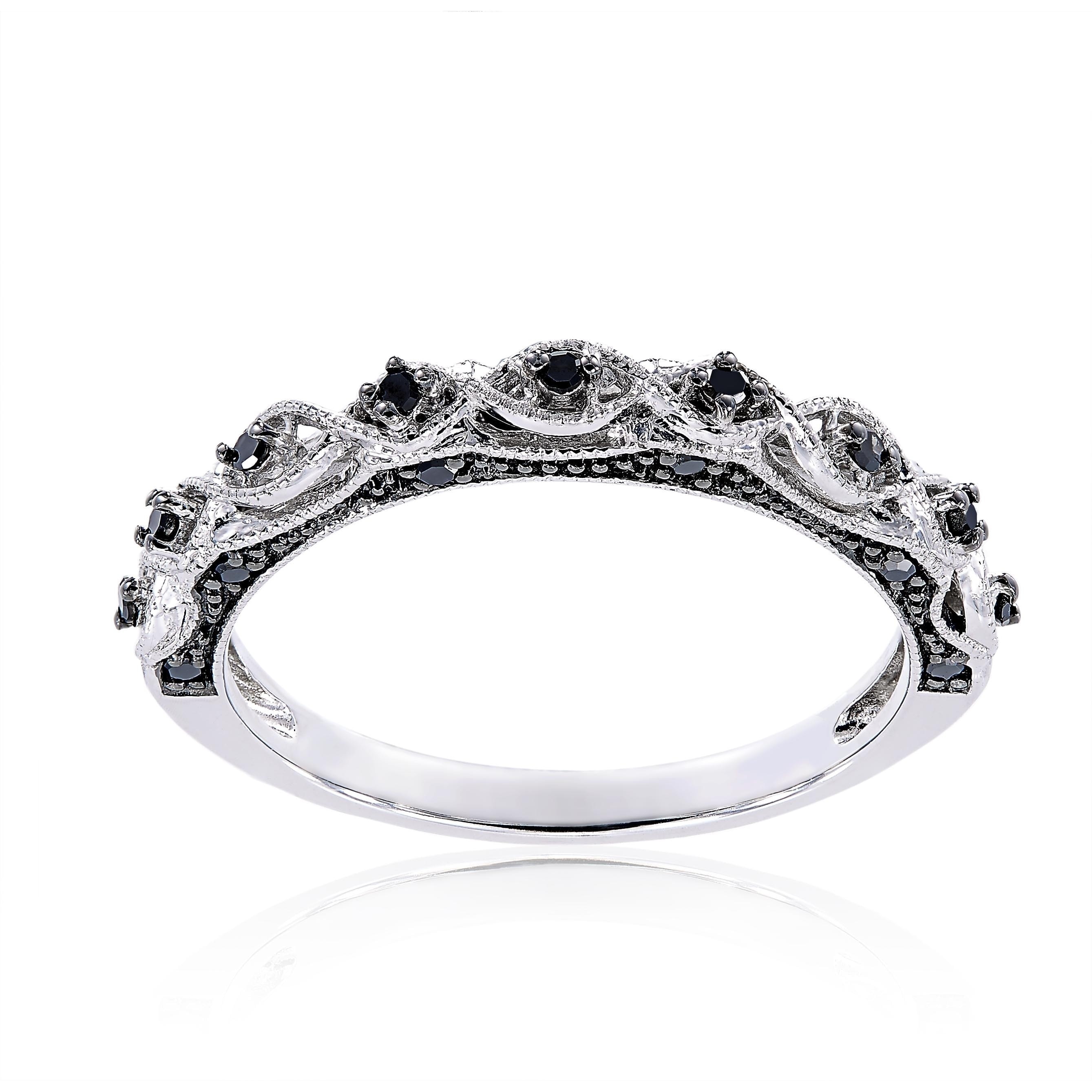 Miadora 10k White Gold 1/8ct TDW Black Diamond Stackable Wedding Band Ring