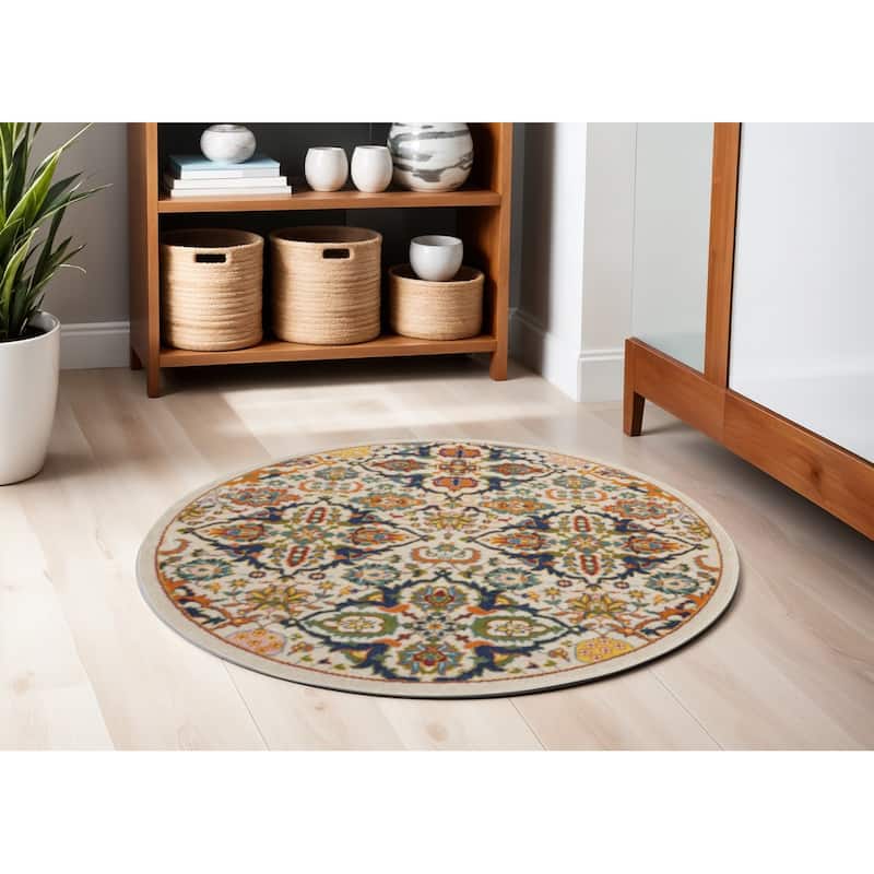 Gosu Power Loomed Geometric Floral Traditional Low Pile Area Rug By HomeRoots - 63' X '63' X '0.25 - 63' X '63' X '0.25 - Lavender/Ivory - Round
