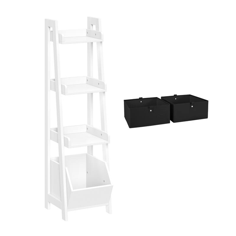 RiverRidge Kids 4-Tier 13in Ladder Shelf Toy Organizer with 3 Open Display Shelves - White with Two 5" Fabric Bins