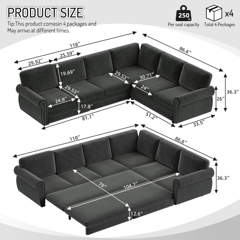 L-Shaped Sectional Sofa with Pull-Out Bed, Oversize Convertible Sleeper Sofa with Rolled Arms, Chenille Upholstery