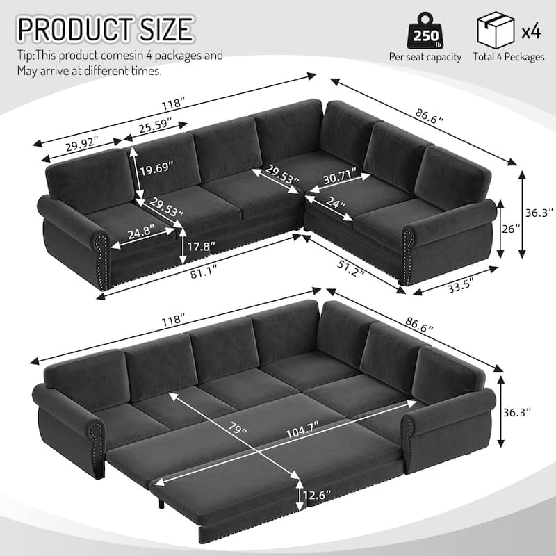 L-Shaped Sofa Couch with Pull-Out Bed, Convertible Sleeper Sofa with Nailhead Trim & Rolled Arms, Chenille Upholstered Couch