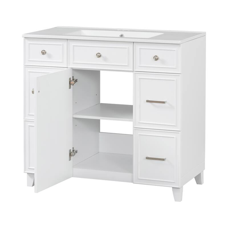 36 Inch Freestanding Bathroom Vanity with White Ceramic Basin and Door and Drawers