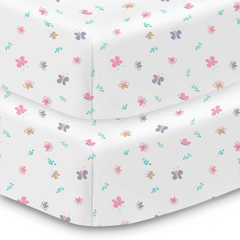 BreathableBaby Cotton Percale Fitted Sheet, For 52" x 28"/132 x 71 cm Crib & Toddler Bed Mattress, Prints (2-Pack) - Butterflies