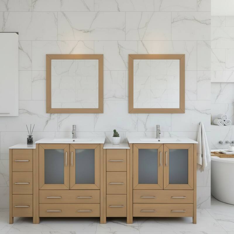 Vanity Art 84" Double Sink Bathroom Vanity Set 10 Dove-Tailed Drawers 4 Cabinets 2 Shelves, Soft-Closing Doors with Free Mirror - Natural Oak