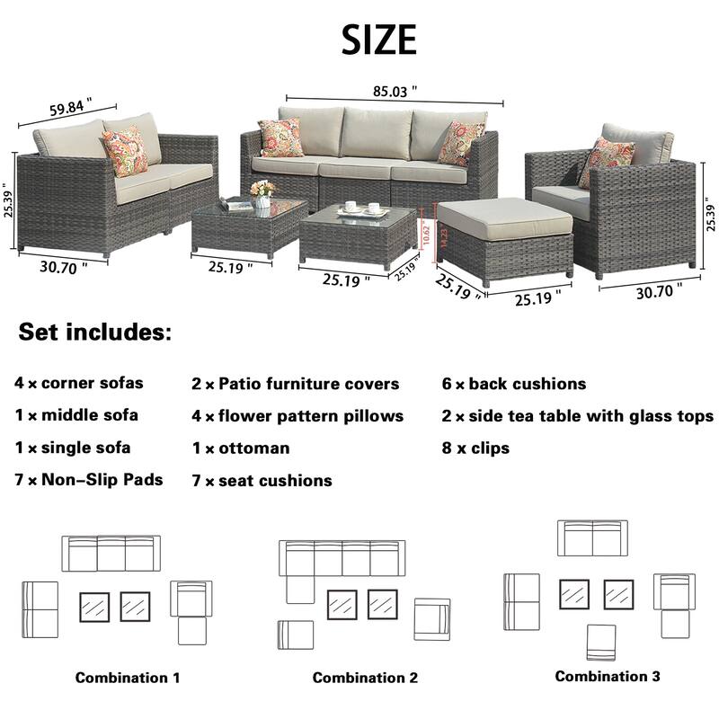 OVIOS Patio Furniture Deep Seat Wicker 9-piece Set