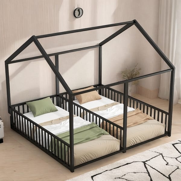 slide 2 of 17, Metal Twin Size House Platform Kids Beds Frame, 2-in-1 Design with Guardrails, Black Black