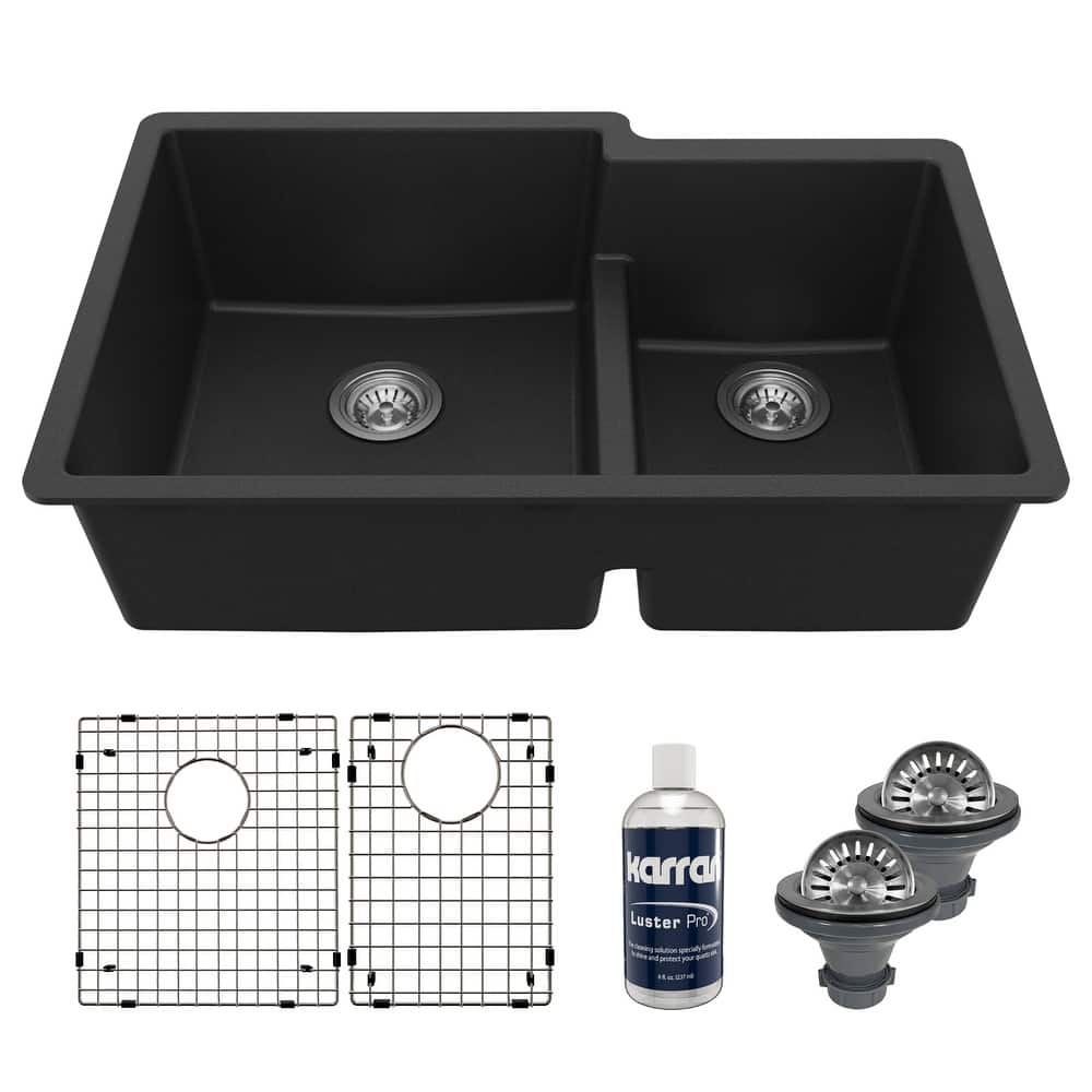 Karran 32" Undermount Large/Small Bowl Quartz Kitchen Sink Kit - 32" x 21.25" x 9"