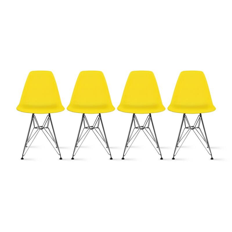 Colorful Designer Plastic Dining Chairs Kitchen Bedroom with Chrome Metal Eiffel Legs Hotel Restaurant Reception (Set of 4) - Yellow