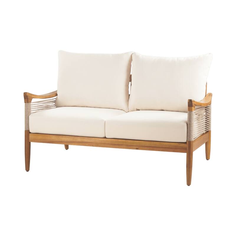 Christopher Knight Home - 4-Piece Patio Conversation Set with Woven Rope Loveseat, Cushions & Acacia Wood Coffee Table