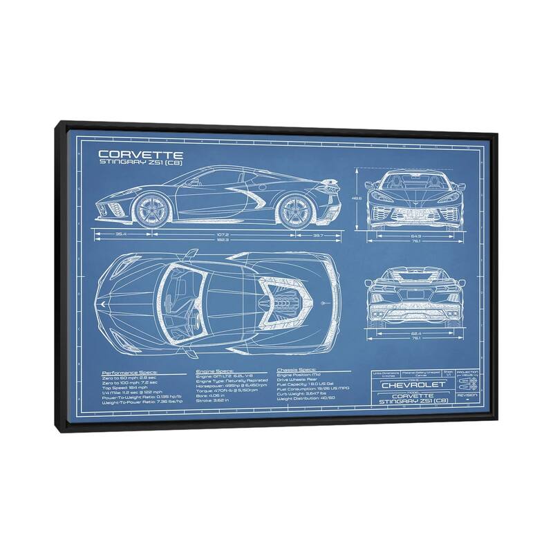 iCanvas "Corvette (C8) Stingray Blueprint" by Action Blueprints Framed Canvas Print - Black - 26x40