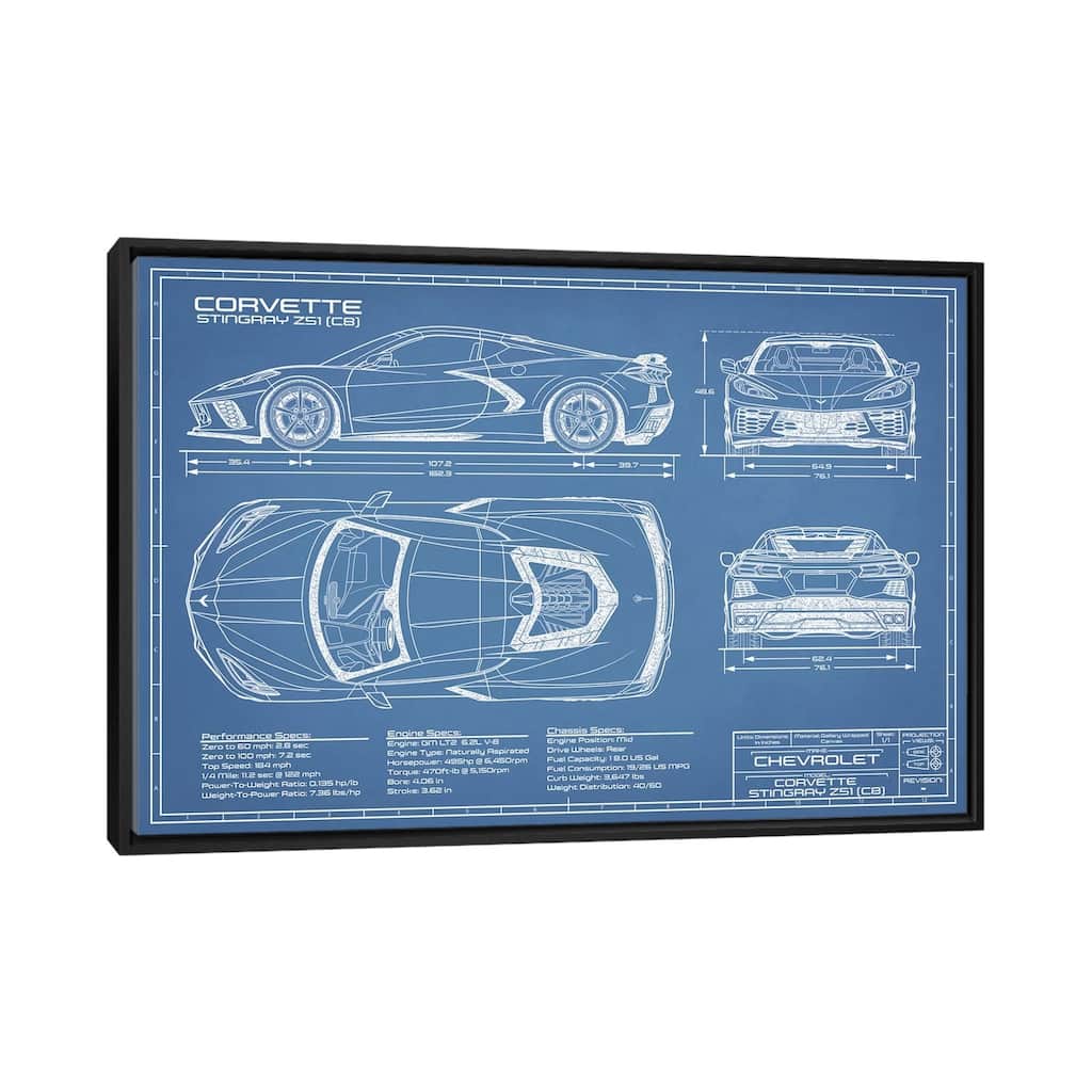 iCanvas "Corvette (C8) Stingray Blueprint" by Action Blueprints Framed Canvas Print