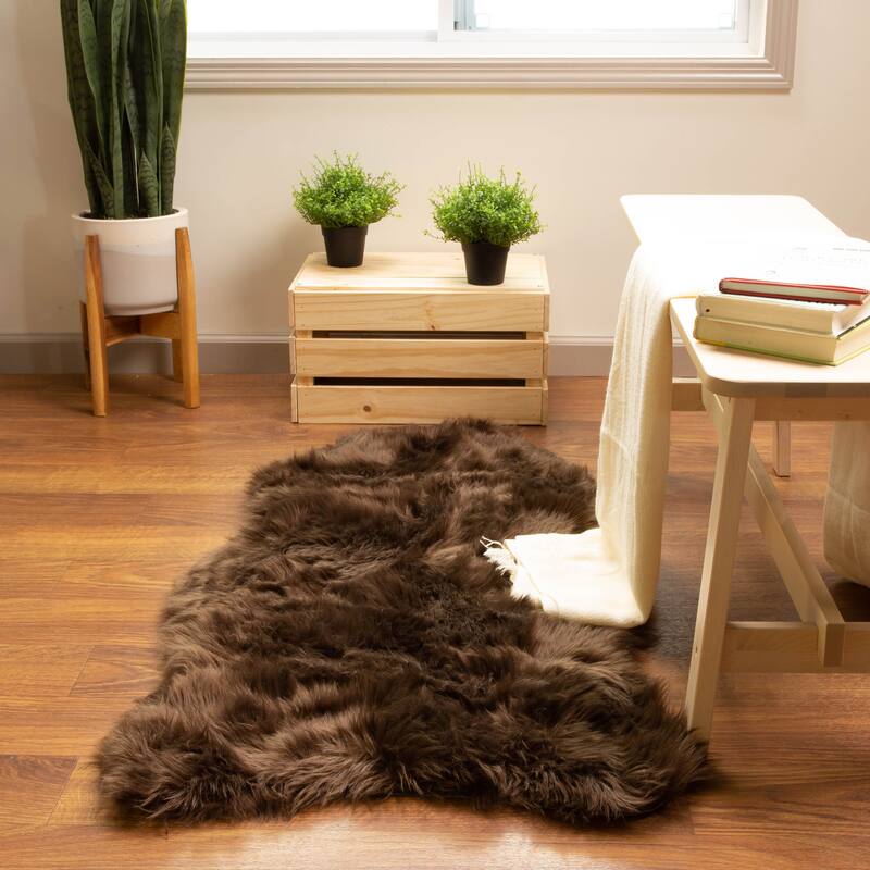 Silver Orchid Parrott Faux Fur Sheepskin Area Rug - 2' 6" x 4' Shaped - Dark Brown