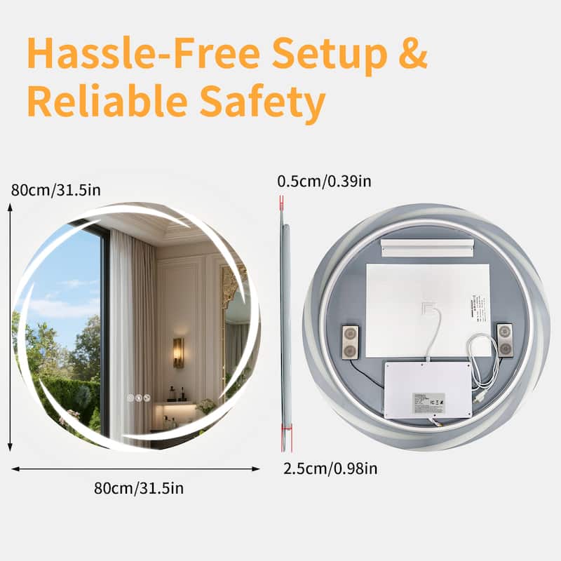 32" Round Bluetooth Speakers Vanity Mirror Wall Mounted Bathroom Mirror - 31.50"x31.50"