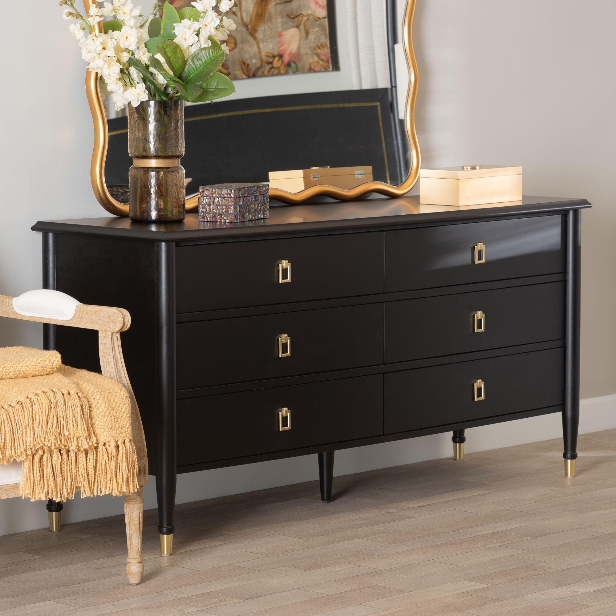 Tamra Black Wood Dresser with Drawers - Bedroom Storage Unit with Metallic  Accents, 6-Drawer Modern Transitional Bedroom Storage
