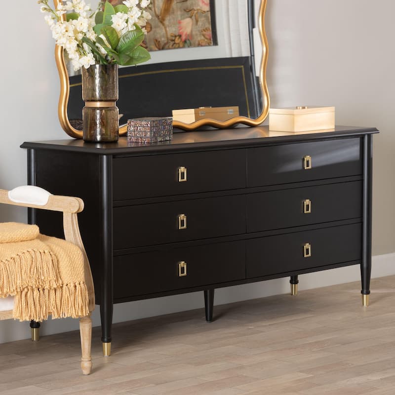 Tamra Black Wood Dresser with Drawers - Bedroom Storage Unit with Metallic Accents, 6-Drawer Modern Transitional Bedroom Storage