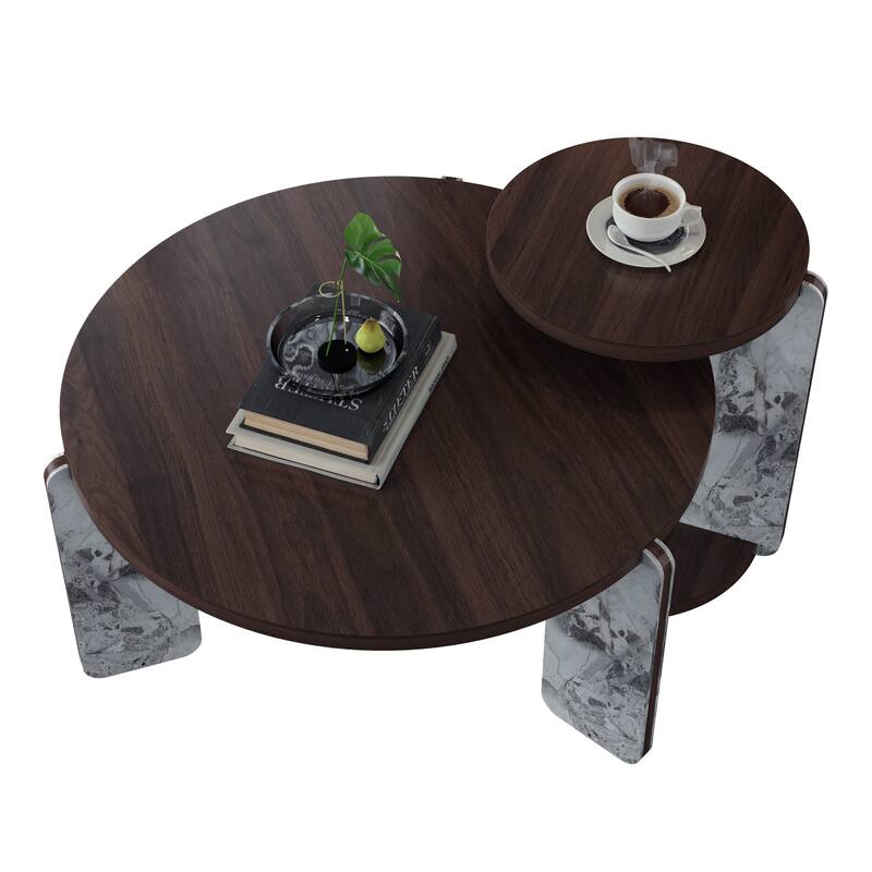 Round Nesting Coffee Table Set of 2, Sintered Stone Top Nesting Tables with Metal Frame, Modern Accent Side Table Set