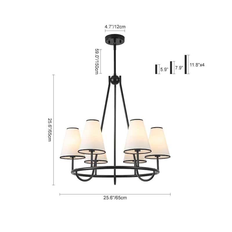 Transitional 6-Light White Fabric Cone Circular Chandelier 25.6 in